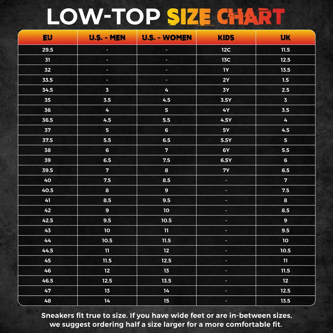 Fuego dance shoes ATACA Red - urban low-top sneakers size chart