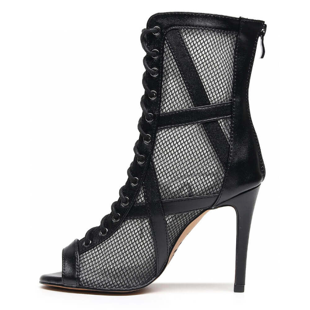 Black vegan leather and mesh lace-up Latin dance booties