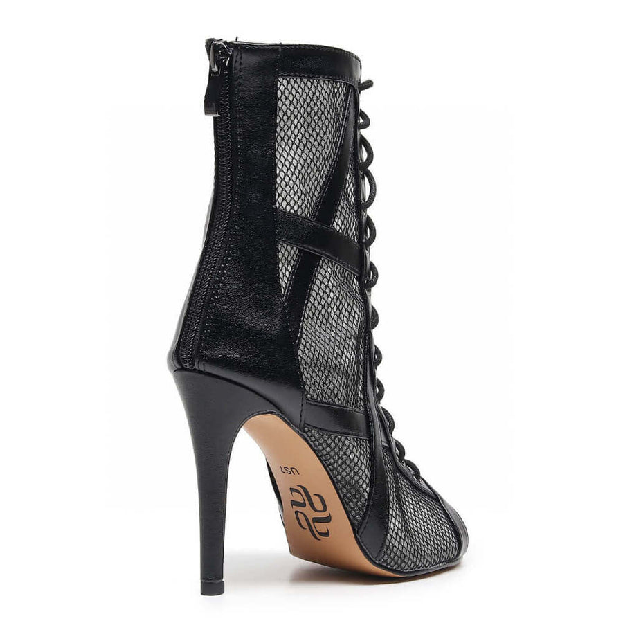 Black vegan leather and mesh lace-up Latin dance booties