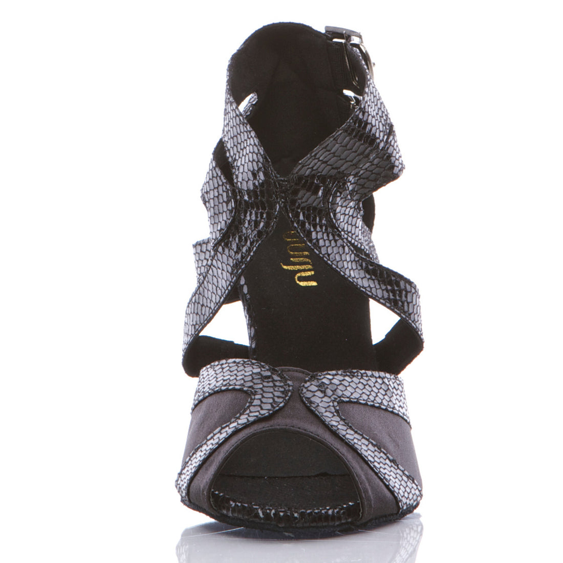 Isabel - Black Metallic Open Toe Cross Strap Stiletto Dance Shoes (Suede Sole)