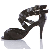 Isabel - Black Metallic Open Toe Cross Strap Stiletto Dance Shoes (Suede Sole)