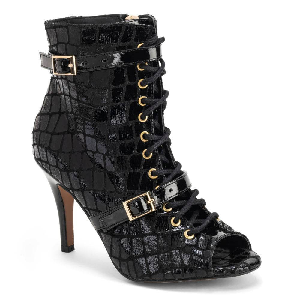 Kylie - Black Faux Crocodile Dance Booties (Street Sole)