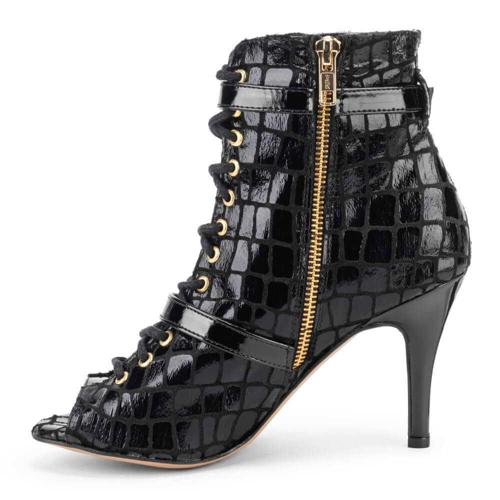 Kylie - Black Faux Crocodile Dance Booties (Street Sole)