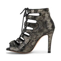 Luciana - Lace Up Metallic Black Snake Print Open Toe Bootie (Street Sole)