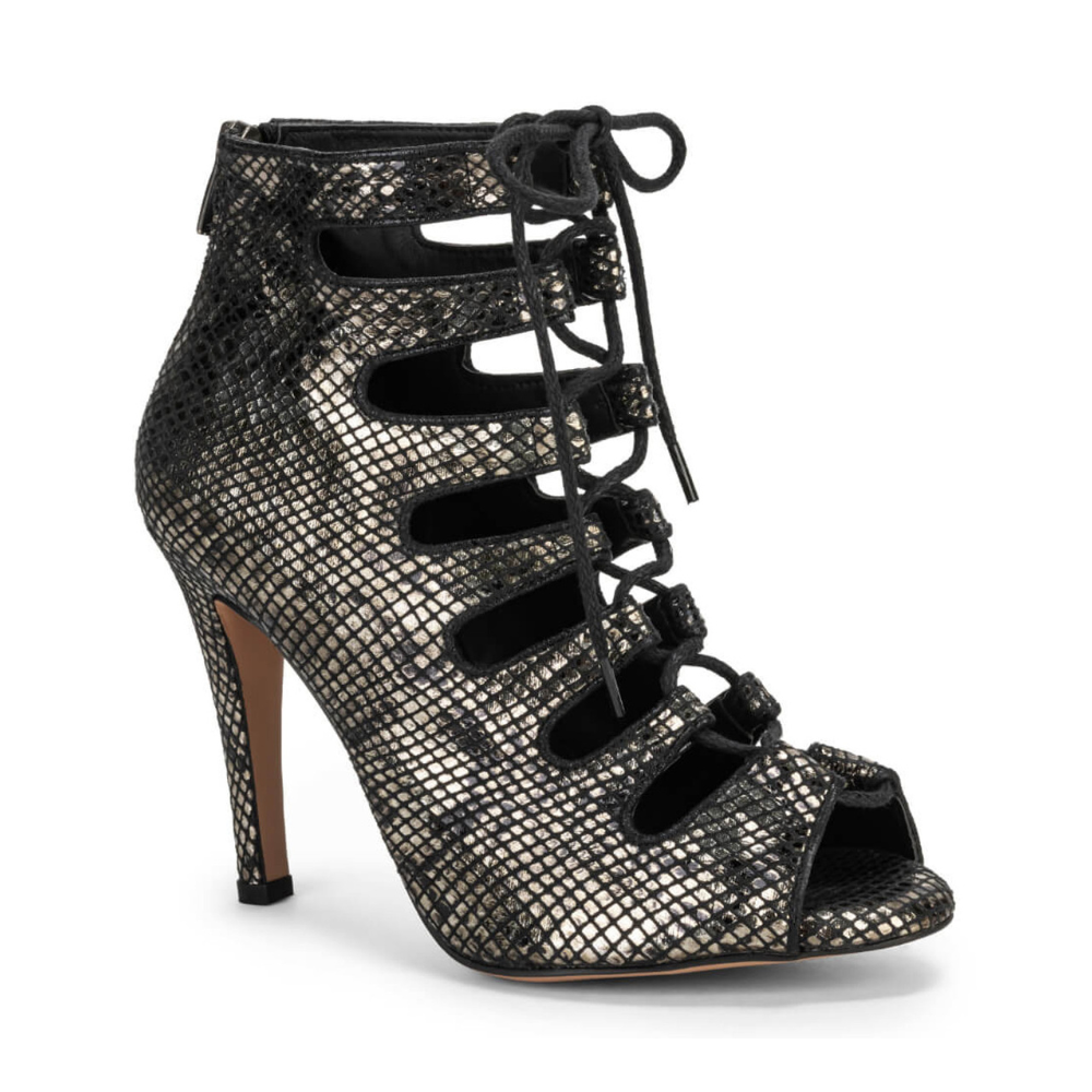 Luciana - Lace Up Metallic Black Snake Print Open Toe Bootie (Street Sole)