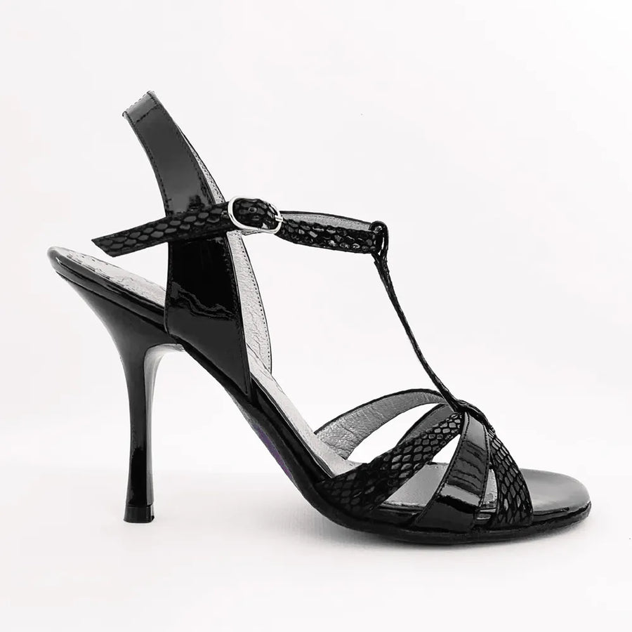 Neo Tango アルゼンチンタンゴ BLACK　バック付 NEO Black Patent and Snake T-strap Argentine Tango Shoes – Adore