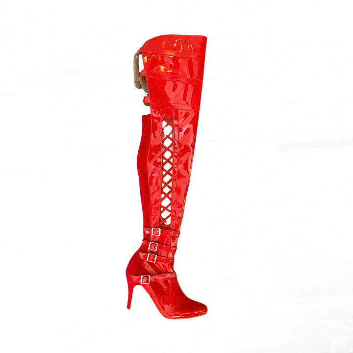 Red stretch thigh high boots shop
