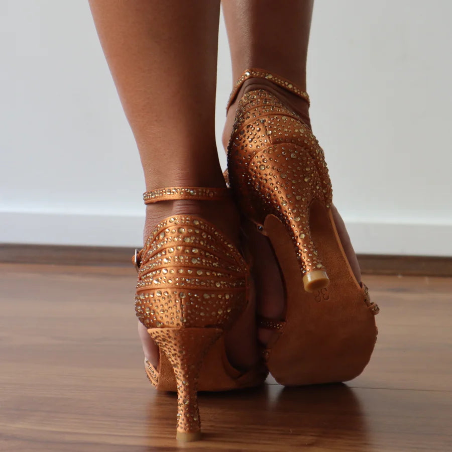 Venice - Tan Satin Gold Crystals 3.5" Latin and Ballroom Dance Shoes