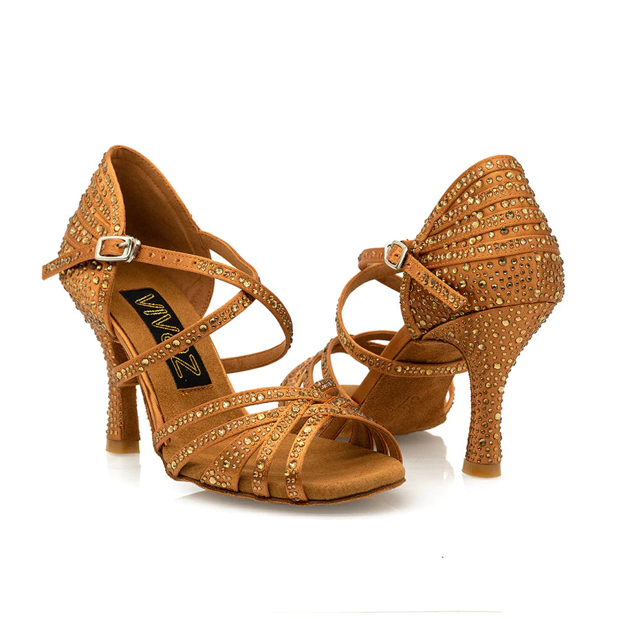 Venice - Tan Satin Gold Crystals 3.5" Latin and Ballroom Dance Shoes