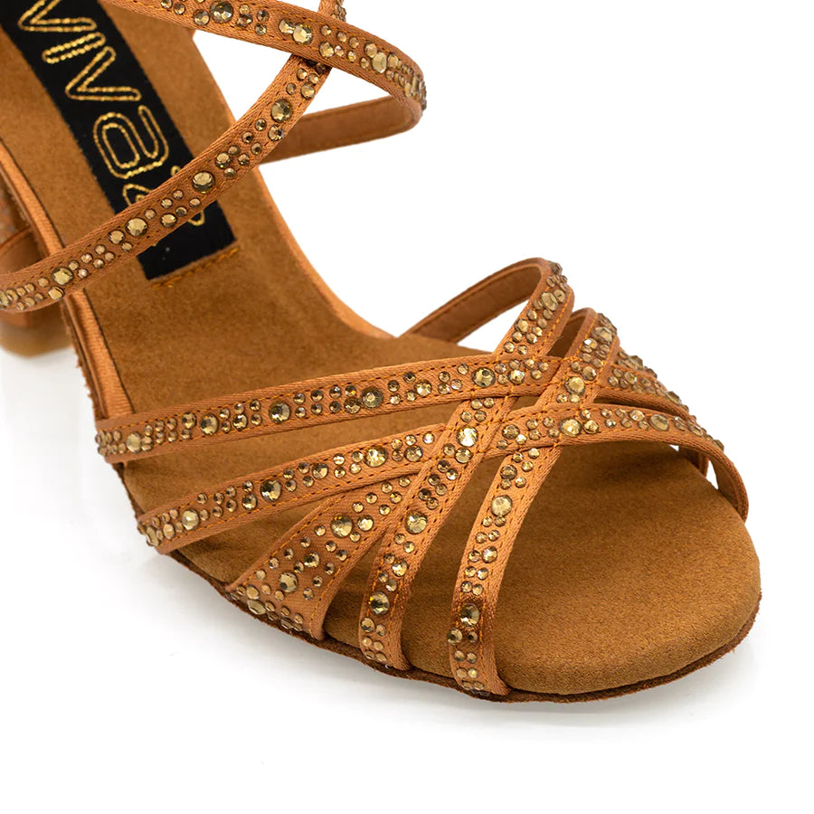 Venice - Tan Satin Gold Crystals 3.5" Latin and Ballroom Dance Shoes