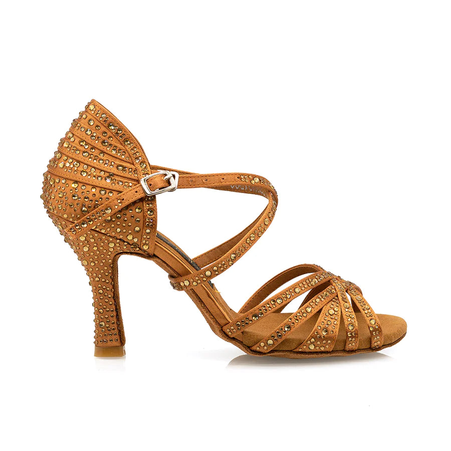 Venice - Tan Satin Gold Crystals 3.5" Latin and Ballroom Dance Shoes