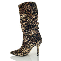 Bree - Pointed Toe Leopard Velvet Ruched Mid Slouch Boots (Street Sole)