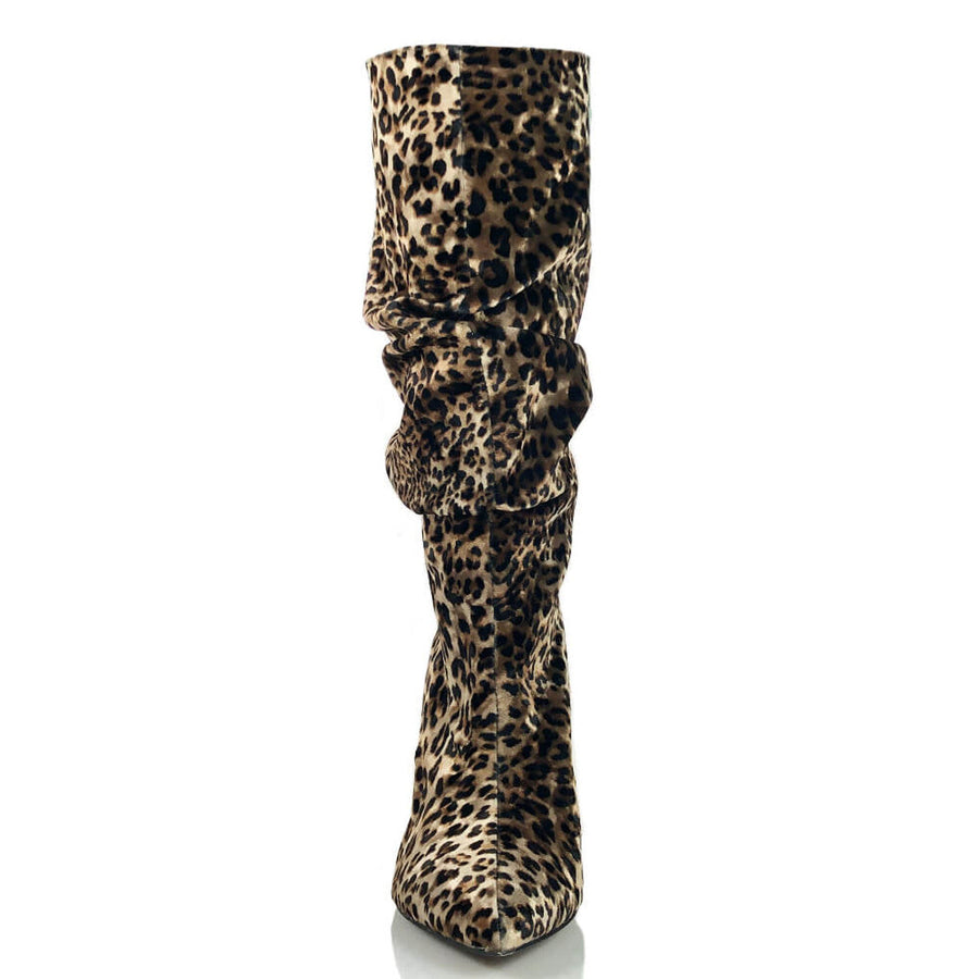 Bree - Pointed Toe Leopard Velvet Ruched Mid Slouch Boots (Street Sole)