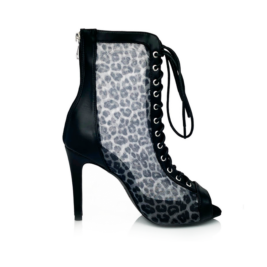 Leona - Open Toe Lace Up with Black Leopard Mesh Dance Booties (Street Sole)