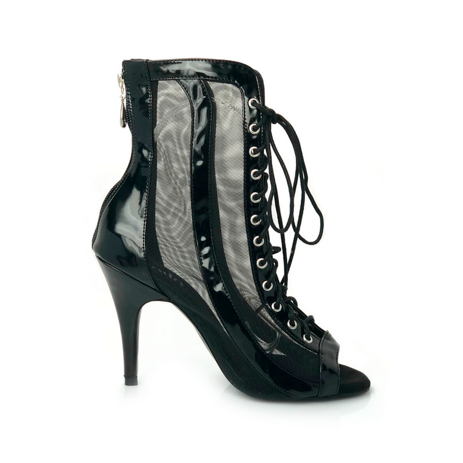 Sierra - Open Toe Lace Up Patent Leather and Mesh Dance Booties (Street Sole)