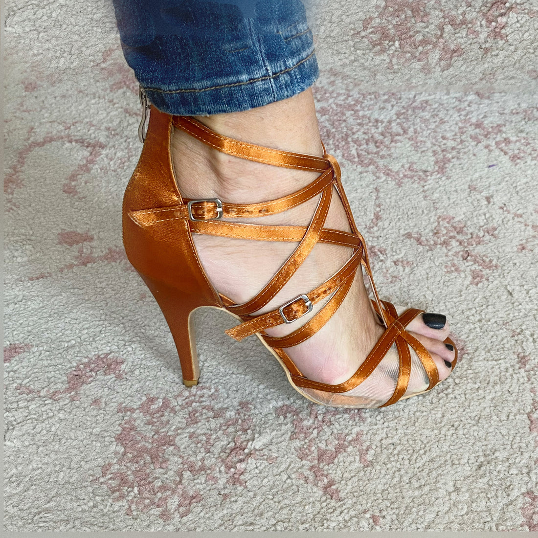 Skylar - Tan Satin and Mesh Strappy Dance Shoes (Street Sole)